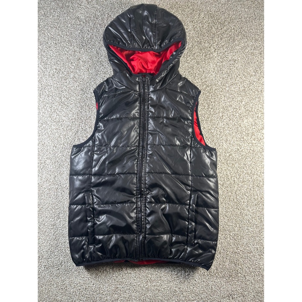 Aeropostale Womens Black Puffer Vest Hooded Red Lining Glossy Small DSPXCH2
